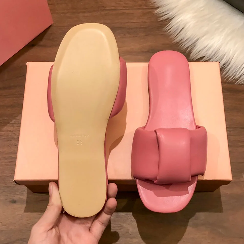 2023 Brand New Women Casual Top Quality Open Toe Padded Leather Slides Leisure Flat Comfort Sole Comfy Shoes Slippers Sandal