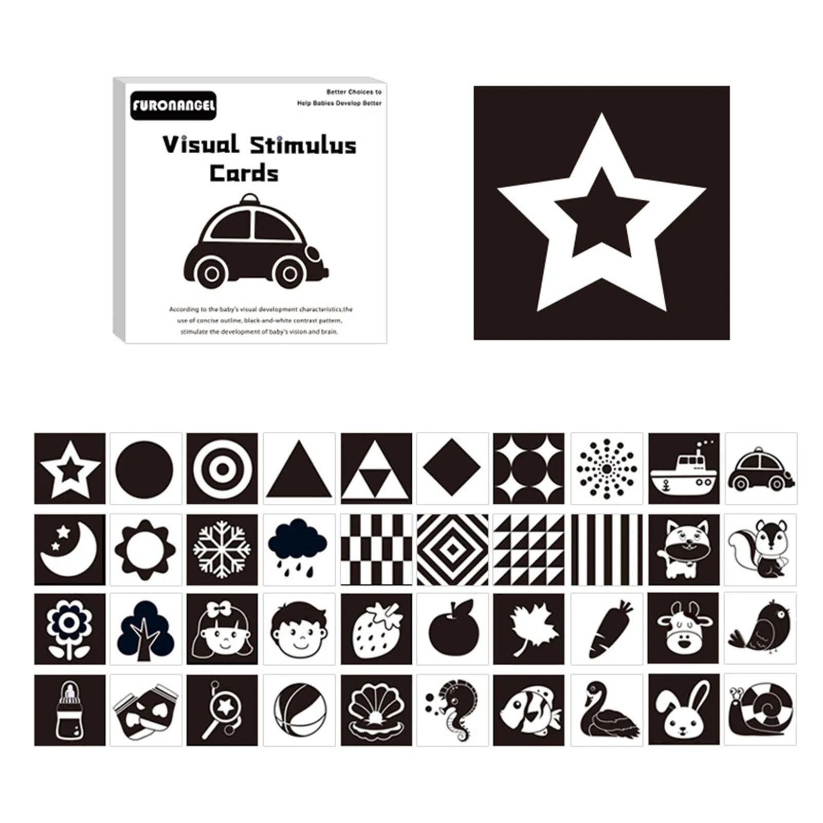 

Black White Flash Cards 40 Patterns Babies Visual Early Educational Toys 0-12 Months High Contrast Visual Stimulation Flashcard