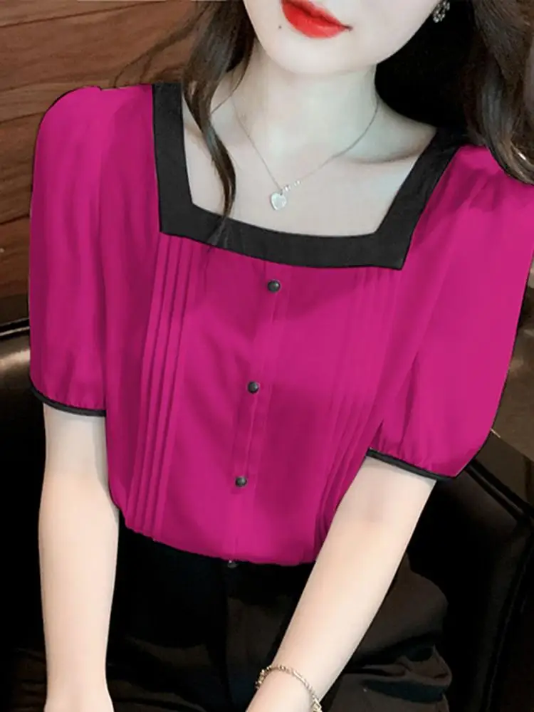 

Рубашка VONDA женская с коротким рукавом-фонариком, Повседневная блуза с квадратным вырезом, однотонная офисная блузка в стиле оверсайз, на ле...
