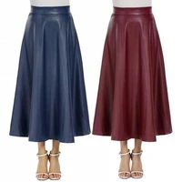 high waist fashion solid color skirt women faux leather zipper large swing long skirt