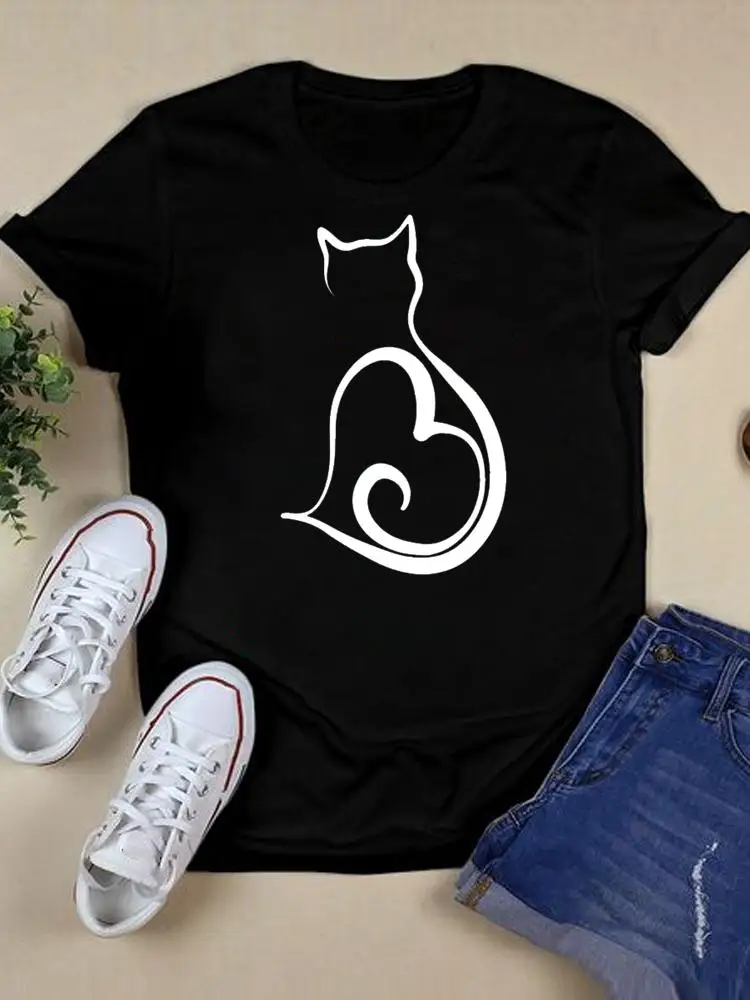 

Футболка женская с графическим принтом, тренд 90-х с коротким рукавом, с принтом кота, черная рубашка с принтом, модная одежда
