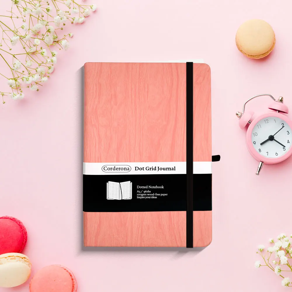 Wooden Pink Bullet Dotted Grid Journal A5 100gsm Elastic Band Notepad Hard Cover Notebook