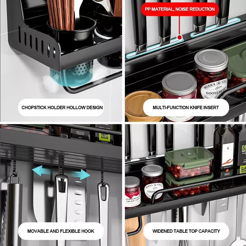 

2023 Kitchen Shelf Wall-mounted Spice Racks Storage Multifunctional Punch-free Kitchen Shelves Utensil Spoon Hook Organizer Gadg
