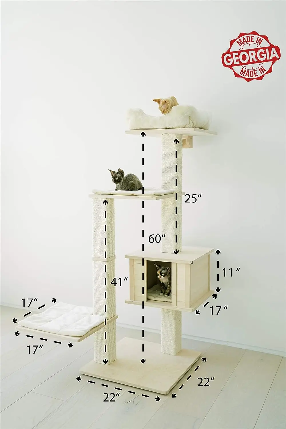 

Multi-Level Cat Tree Bed Condo, 60", Indoor Cat Tower with Square-Shaped Scratching Posts for Cats and Kittens, 4 Beds, 1 Co