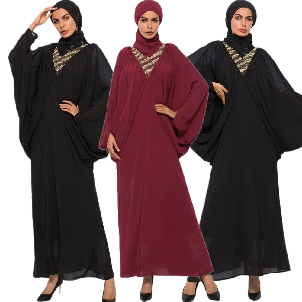 

Morocco Chiffon Pleated Muslim Dress Batwing Sleeve Women Ramadan Abaya Hijab Dresses Jilbab Turkey Islam Vestidos Kaftan Arabic