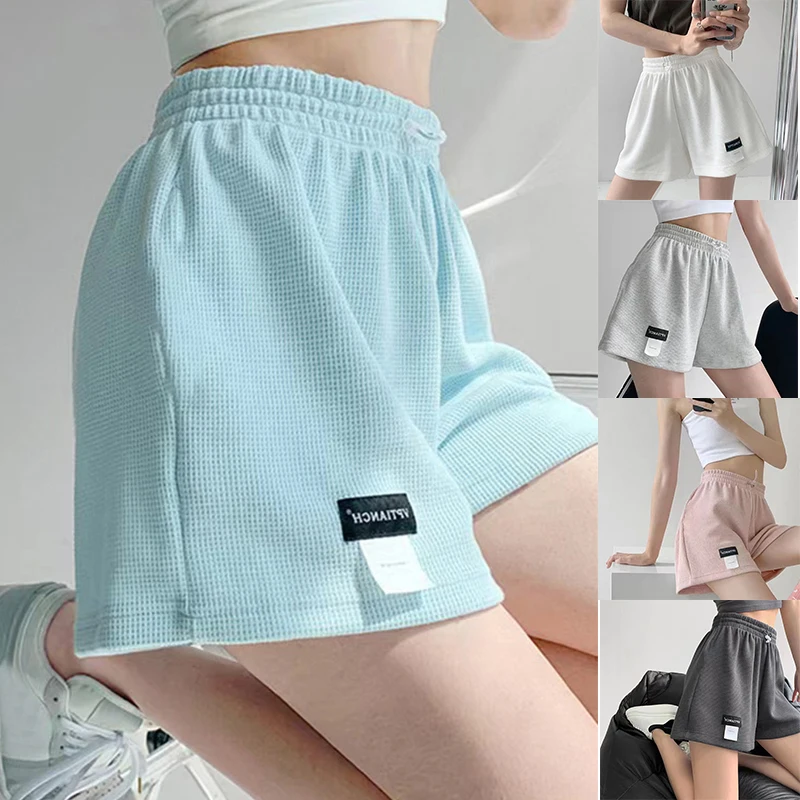 Women's Shorts Waffle High Waisted Sport Shorts Loose Wide Leg Bottoms Solid Color Elastic Female Hot Pants Casual Homewear 2023