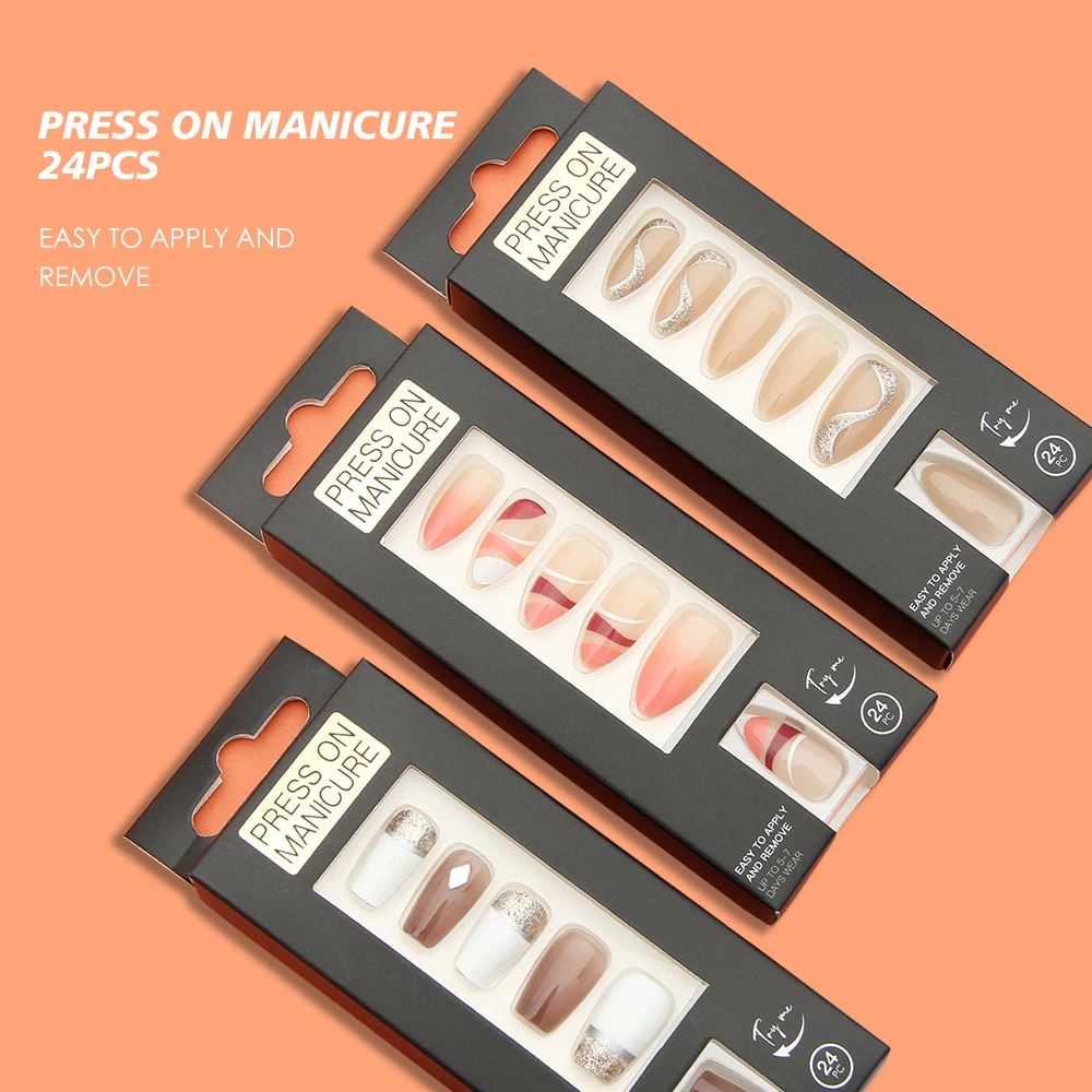24pcs/box French Tip Press on Nails Medium Almond Nails with Line French Design Fake False Nails Extension DIY Valentine Gift