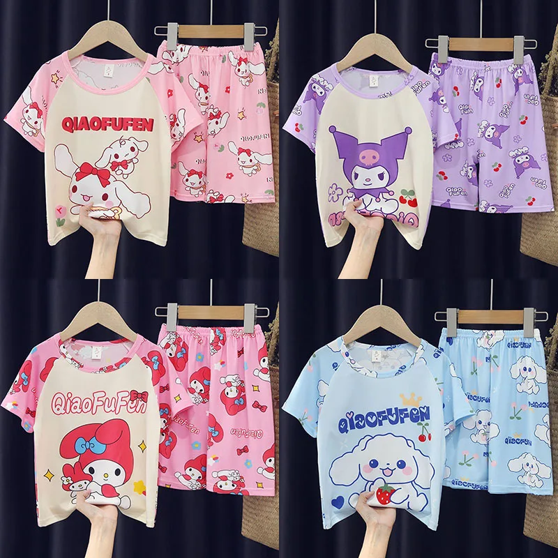 

Новинка лета 2023, яркий пижамный комплект Kawaii Sanrioed Kuromi My Melody Cinnamoroll, пижамы для девочек, милые Аниме пижамы для мальчиков