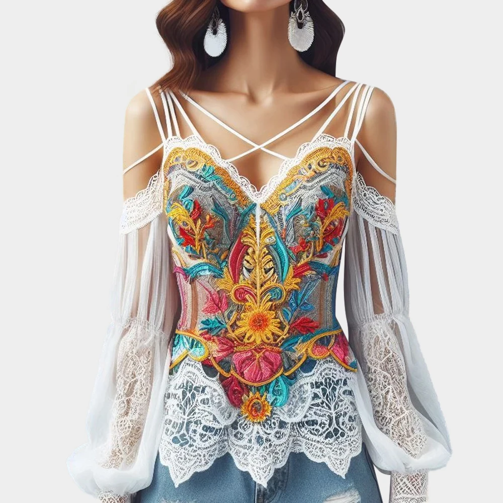 Женская кружевная блузка без бретелек с цветочным принтом и V-образным вырезом