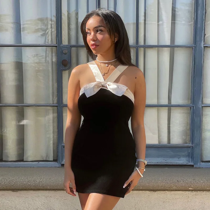 

Summer Spaghetti Strap Bow Decoration Mini Dress Women Elegant Patchwork Sleeveless Body-Shaping Skirt Casual Streetwear Outfit