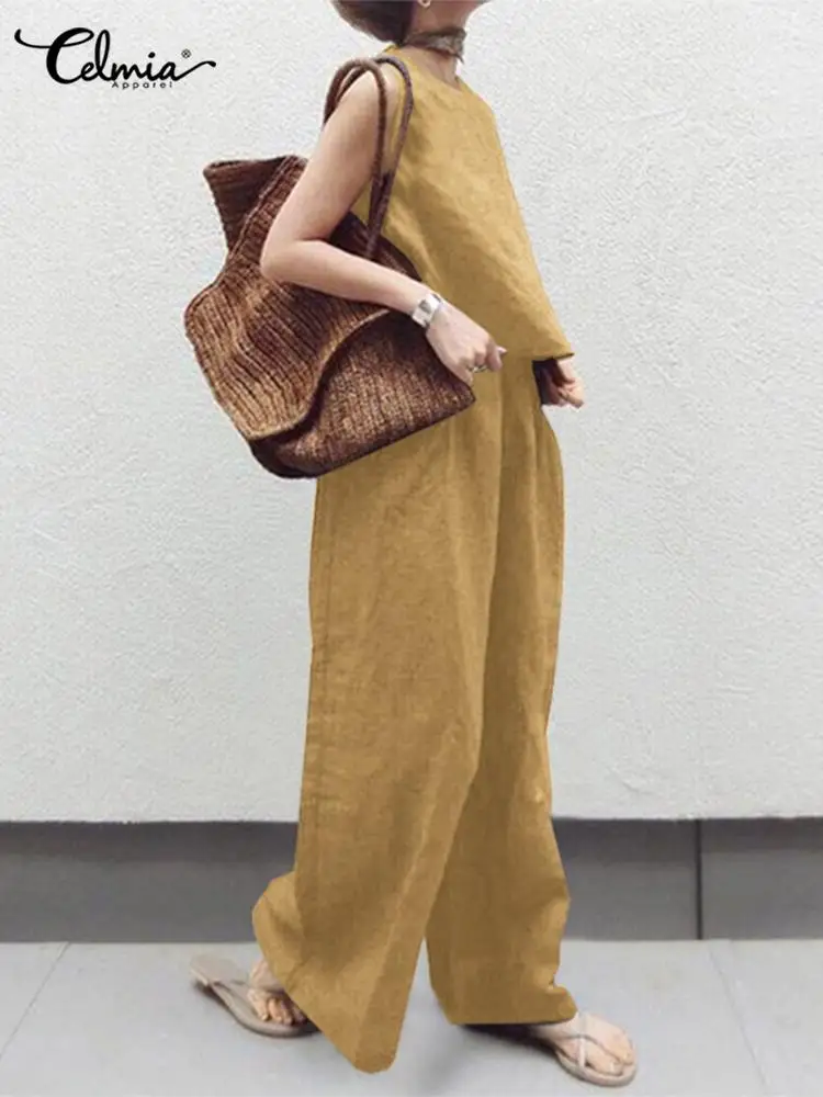 

2022 Summer Pant Sets Celmia Women Sleeveless Cropped Tops and Elastic Waist Wide Leg Pant Suits Casual 2 PCS Cotton Baggy Sets