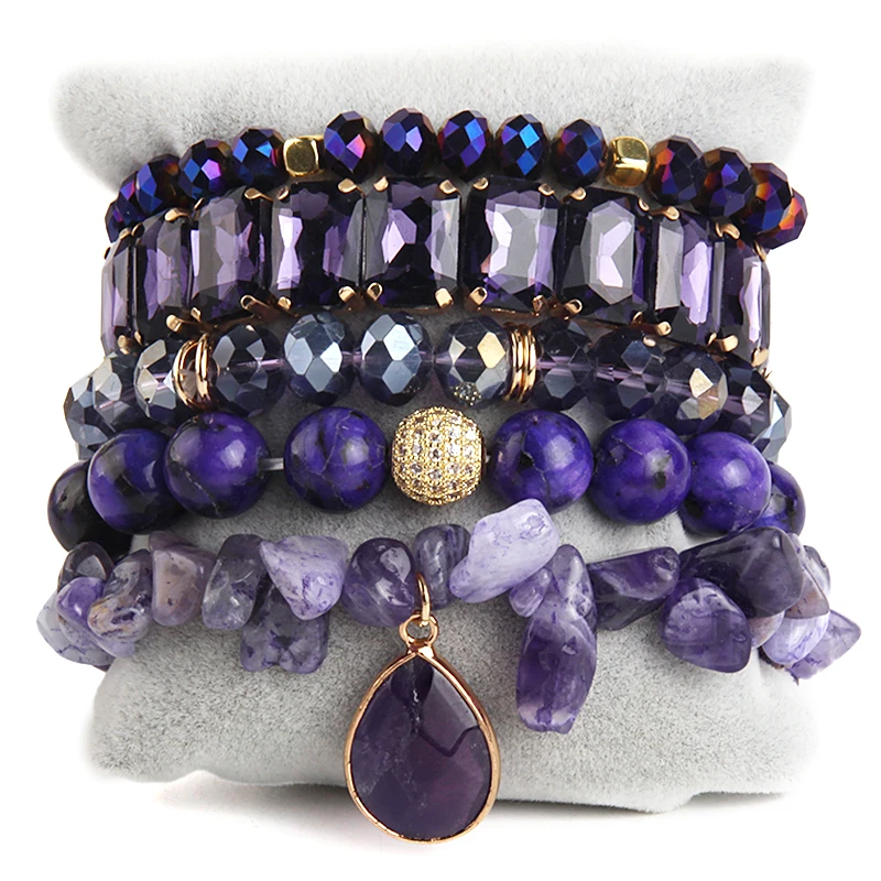 

RH Fashion Bohemia Jewelry Crystal Bracelet Stone Beaded and Charm 5pc Stack Stretch Bracelets Set For Women Gift