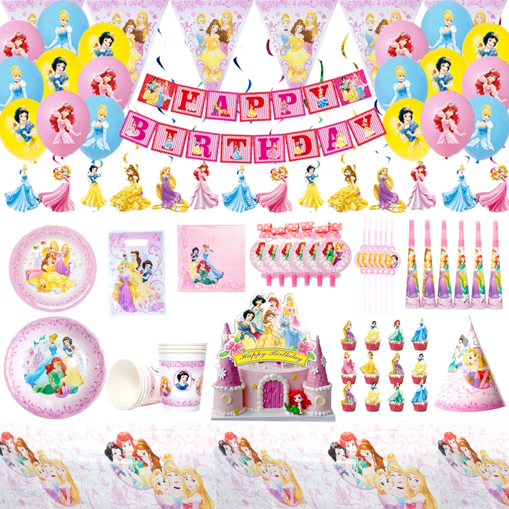 

Disney Princess Theme Party Decorations Disposable Tableware Cups Plates Napkins Balloon for Girls Baby Shower Birthday Supplies