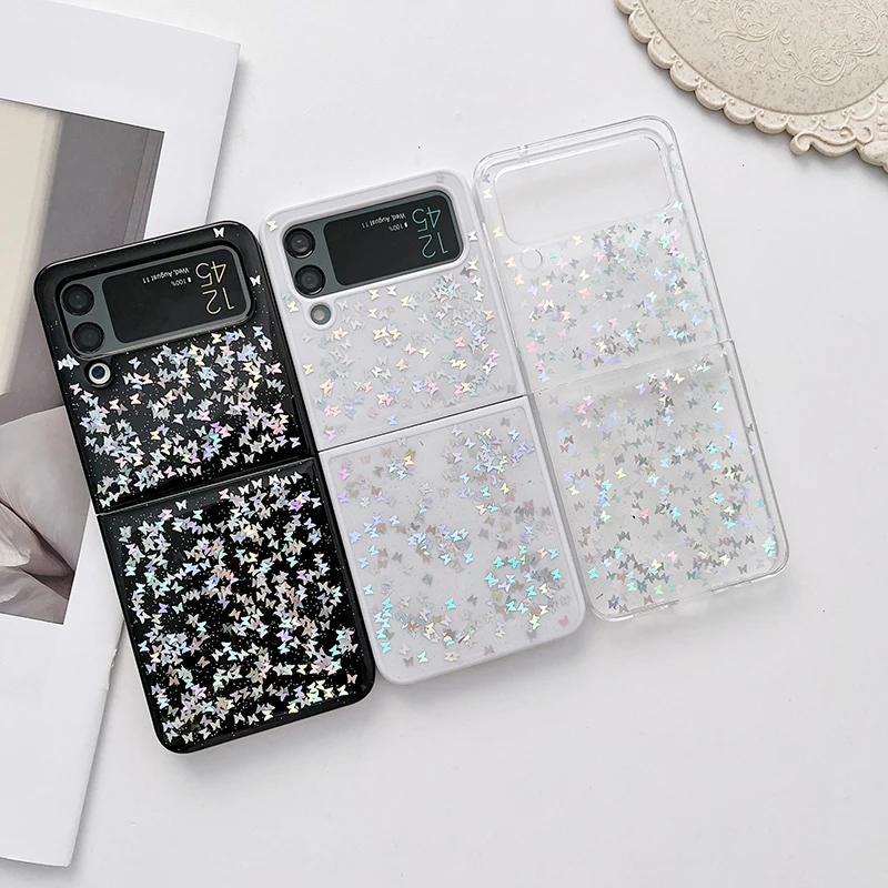 

Case For Samsung Galaxy Z Flip 4 Z Flip 3 Glue Dropping Sequins Small Butterfly Hard Mobile Phone Case Cover