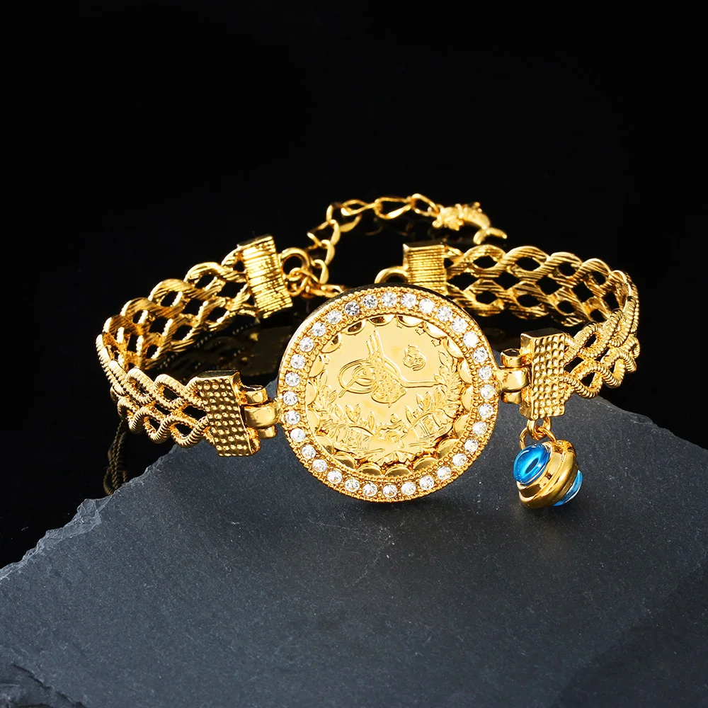 

Dubai 18K Golden Turkish Coin Bracelet Oman Middle East Wedding Party Charm bangles for women man Jewelry