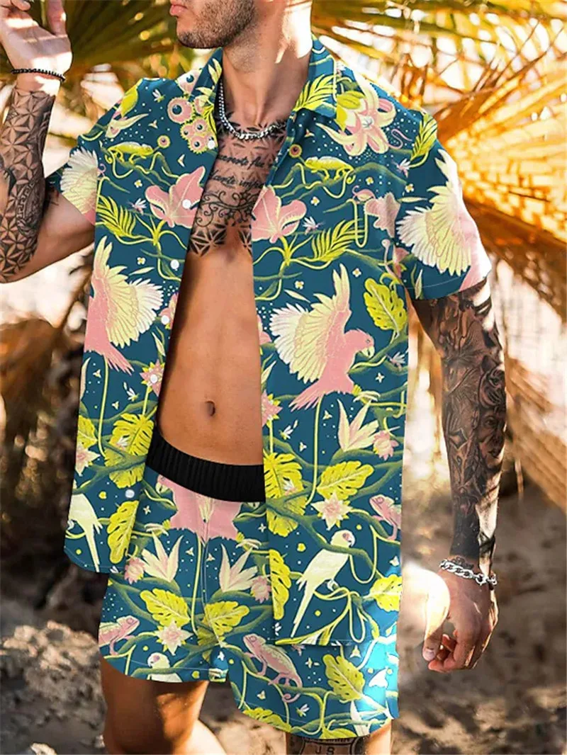 

Colorful Men Sets Lapel Shirt Casual Printed Shorts Beach Streetwear For Men Short Sleeve Shirt Shorts Beach