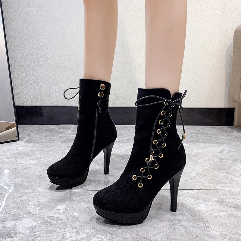 

NEW Women Ankle Boots Sexy Thin High Heel Winter Shoes Ladies Fashion Lace-up Short Boot Office Footwear Size 35-43 Red Black