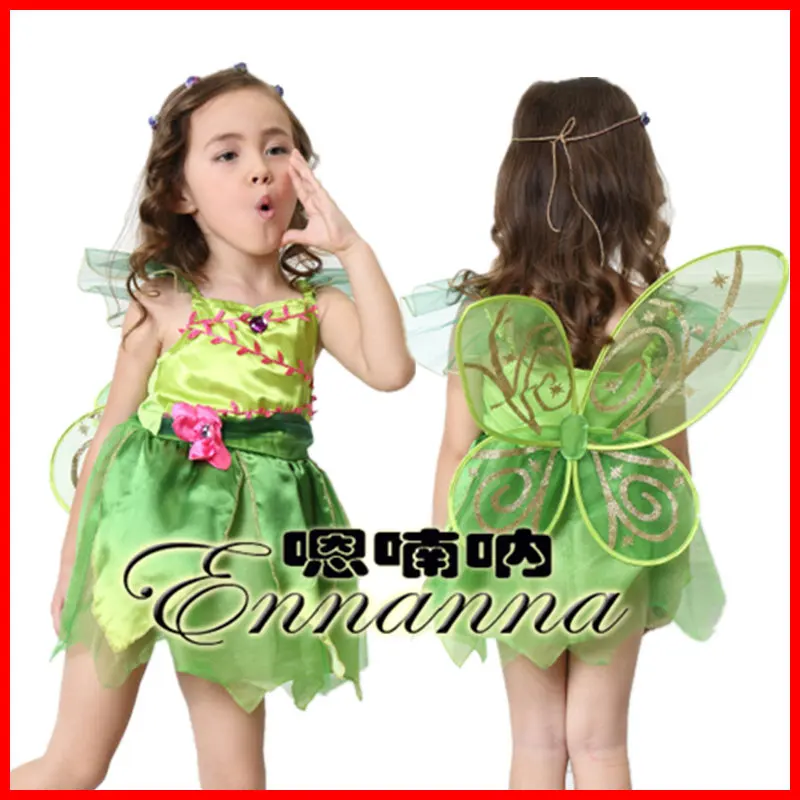 

Little Fairy Green Butterfly Dress For Kids Tinker Bell Cosplay Costume Halloween Carnival Festival Party Performance Dress Wing