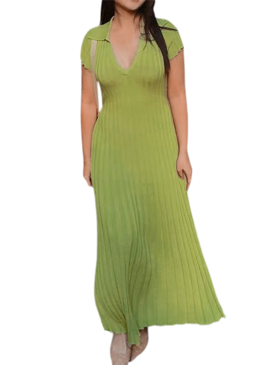 

Women Knit Bodycon Long Dress Elegant Short Sleeve V Neck Ribbed Solid Loose Summer Sundress