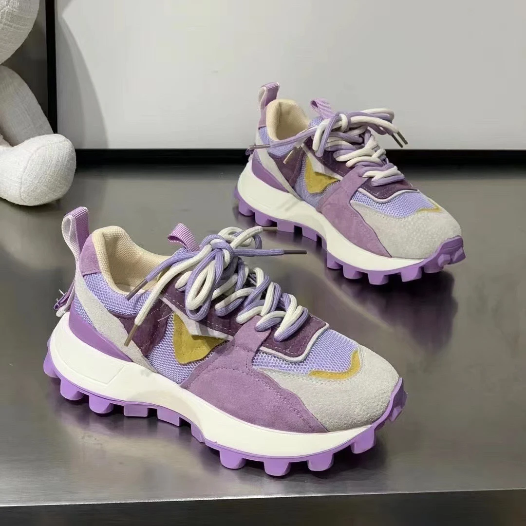 2023 New Sneakers Women's Fashion Round Head Designer Mixed Color Deep Lacing Platform Purple Luxury Women's Running Shoe