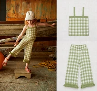 girls clothes 2022 spring and summer new plaid girls suspenders top green plaid cropped pants two piece suit childrens clothing