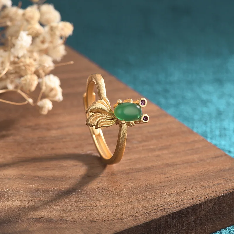 

Stainless Steel Rings for Women Gold-plated Natural Chalcedony Agate Koi Fish Adjustable Ring