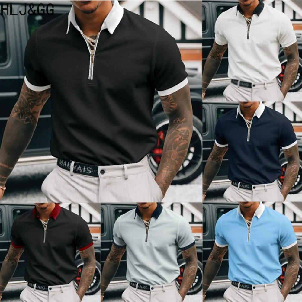 

HLJ&GG Man's Solid Color Zipper Polo Shirt Business And Casual Short Sleeve Polo Shirts for Man Male Streetwear Handsome Blouse