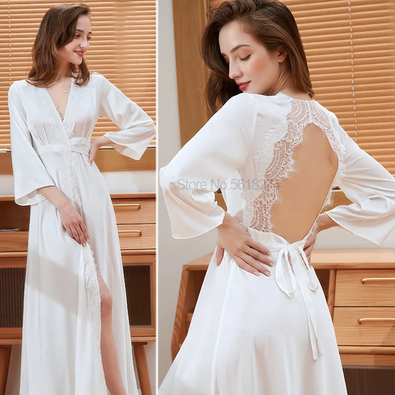 

Свадебный длинный халат бордового цвета, Сексуальный банный халат с открытой спиной, кружевная пижама в стиле пэчворк, ночная рубашка, халат для ванной