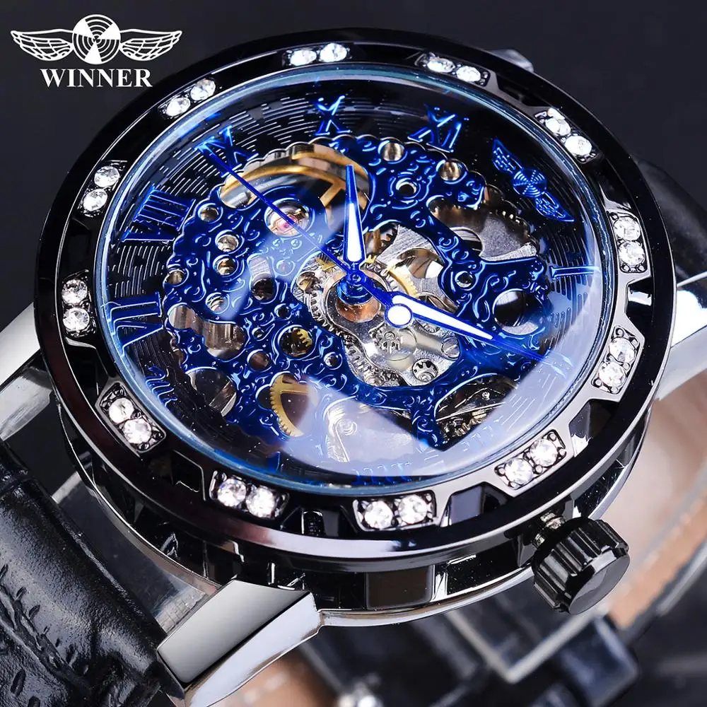 

2022 Winner Watch Steampunk Diamond Luxury Display Luminous Hands Blue Dial Men's Mechanical Skelton Wrist Watch Relojes Hombre