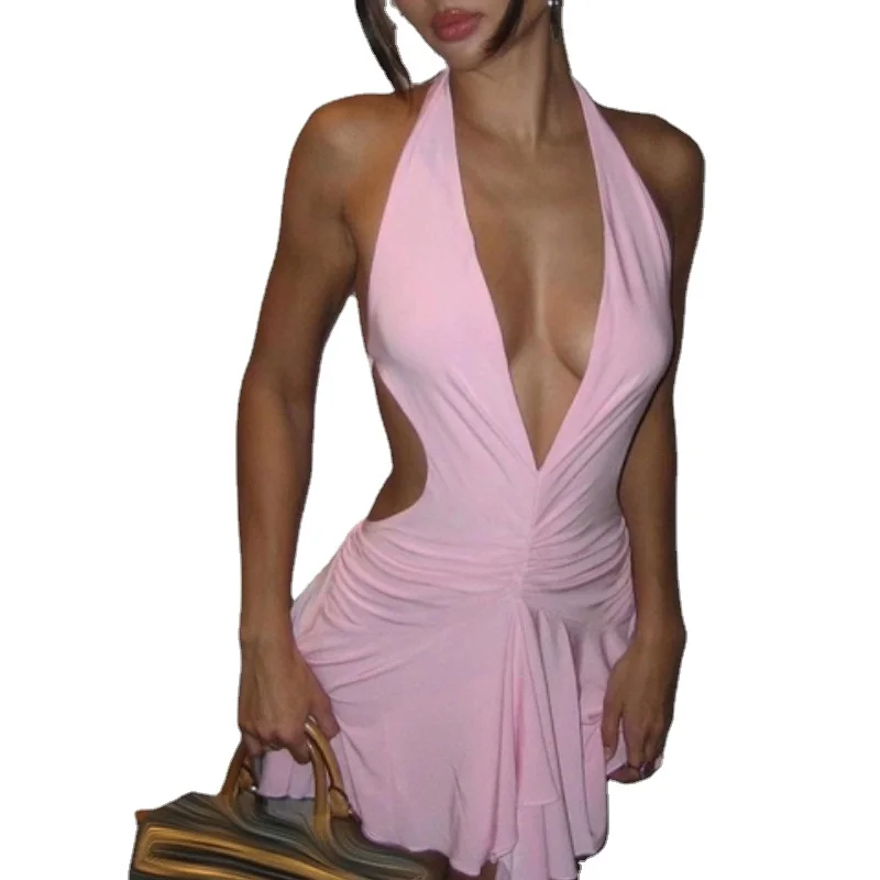 

Женское мини-платье с открытой спиной, асимметричное платье с глубоким V-образным вырезом и лямкой на шее