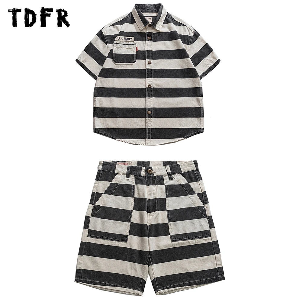 

Striped Casual Suit Mens Summer Amekaji Distressed Wide Striped Two-piece Suit Retro Horizontal Stripes Casual Sets Men