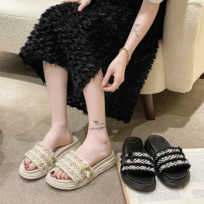 Shoes String Bead Womens Slippers Outdoor Pantofle Platform Med Slides 2023 Flat Summer PU Bonded Leather Rubber Slippers Women