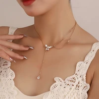 fashion crystal butterfly pendant necklace women delicate shining zircon butterfly double layered simple design clavicle chain