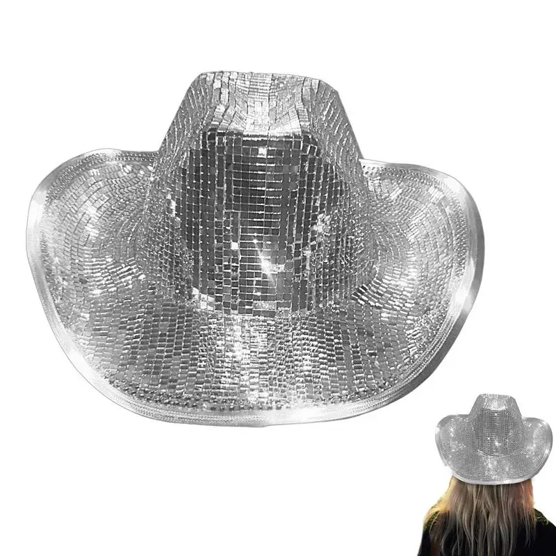

Eye Catch Disco Ball Cowboy Hat Handmade Custom Mirrored Glass Caps Neon Sparkly Glitter Cowgirl Hat Disco Ball Cowboy Headdress