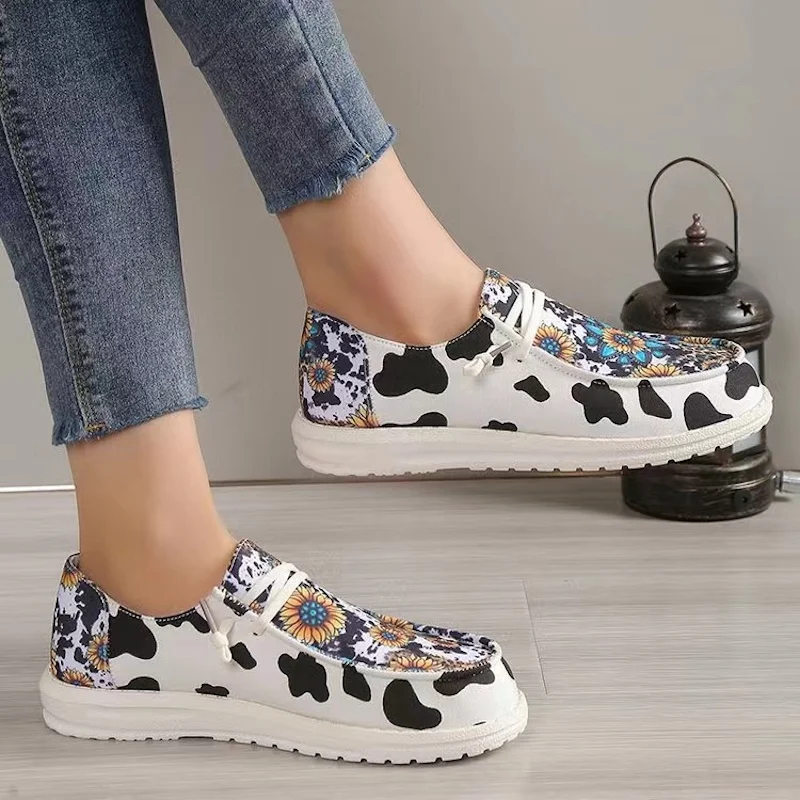 SENDNAKAI Women's Fashion Printing Soft Sole Single Shoes Sunflower Cow Pattern Canvas Shoes Non slip Lightweight Cloth Shoes