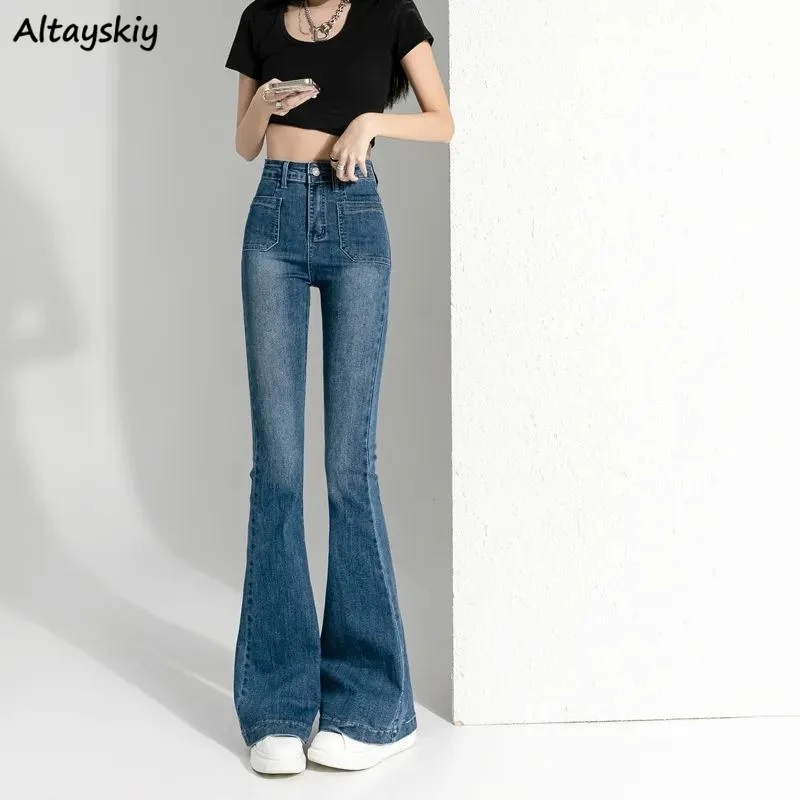 

Flare Jeans for Women Washed Denim Vintage Slim Casual High Waist All-match Daily Do Old Ulzzang Style Solid Fashion Full-length