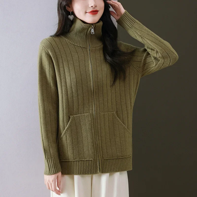 Новинка 2024 женский вязаный кардиган-поло/черепашка высококачественный свитер на