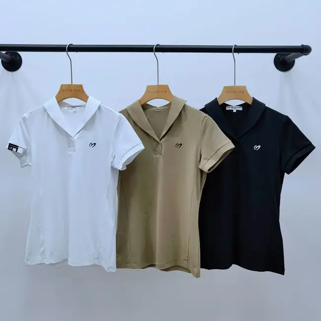 

Han Golf Women's Short Sleeve T-shirt with Vertical Elastic Splice Korean Small Polo Neck Fashion Slim Golf Women's T