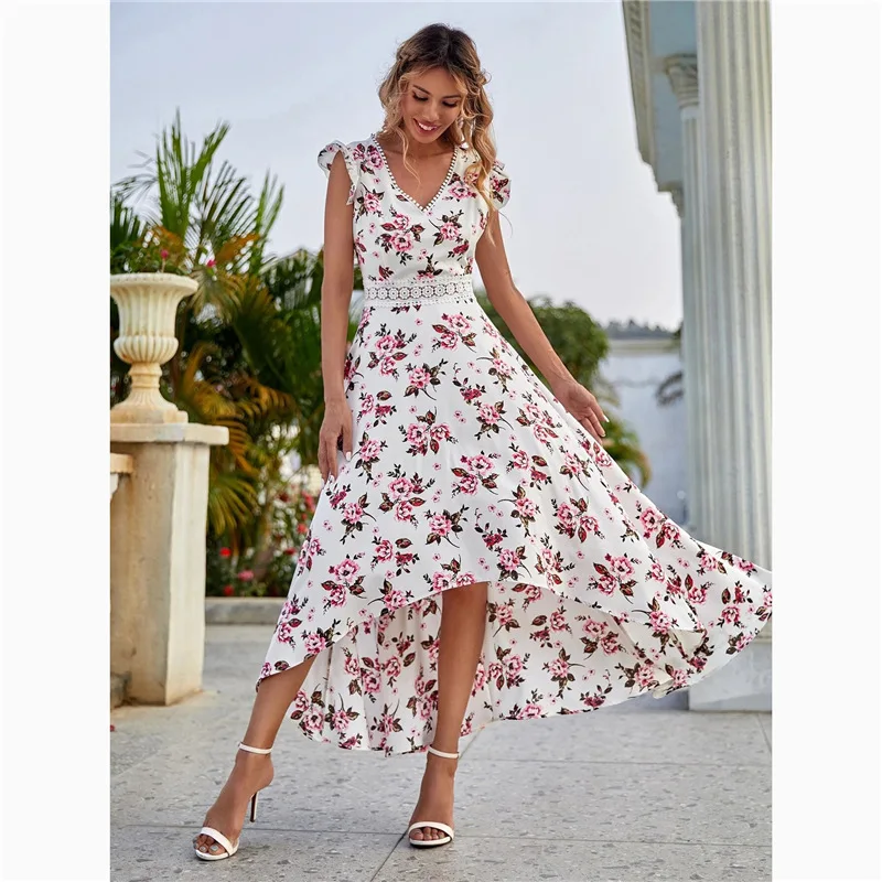 

Women Summer Print Dress Robe Big Swing Lace Waist Dress New Casual Vintage Sleeveless V-Neck Dresses