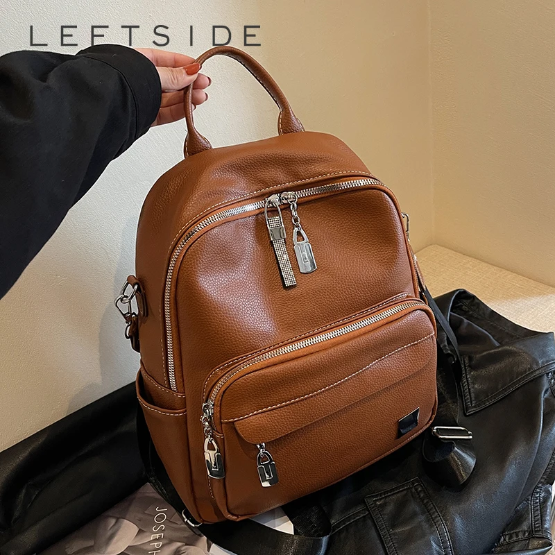 

LEFTSIDE 2023 Retro Simple Back Pack PU Leather Backpack For Women Shoulder Bags Teenagers Girls Solid Color Travel Backpacks