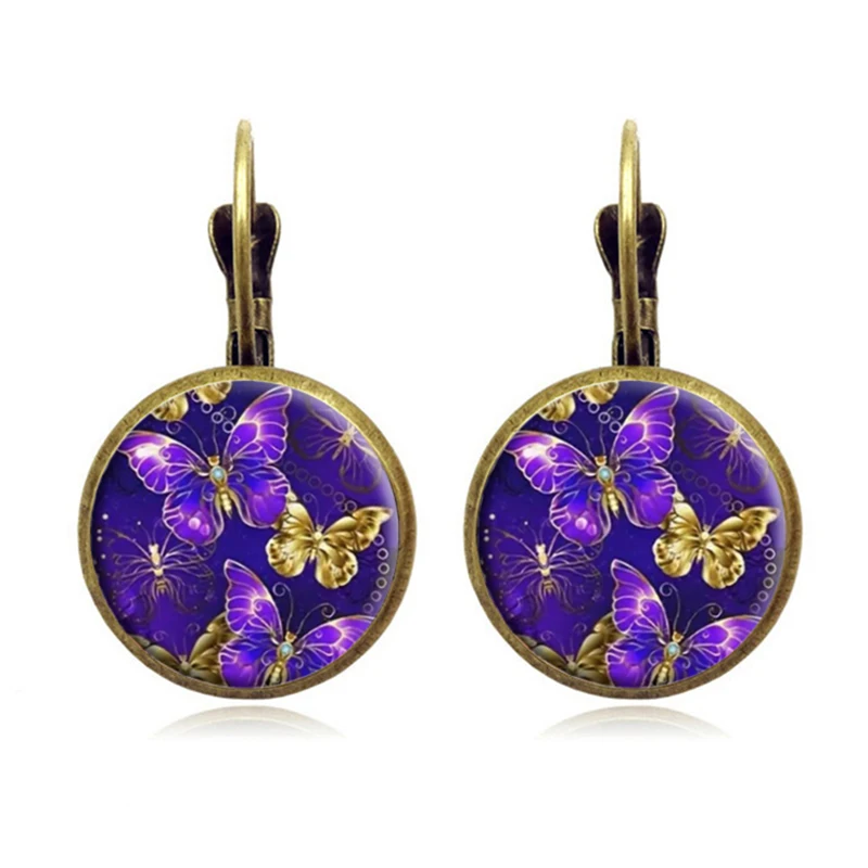 Серьги в стиле бохо с фиолетовыми бабочками винтажные антикварные позолоченные
