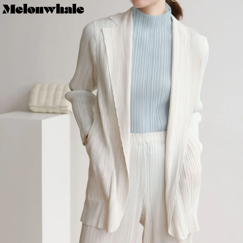 

MelonWhale Miyake Pleated Woman Suit Jacket Coats Solid Casual Basic Drape Casual Simple Button Black Blazers 2023 Spring Summer