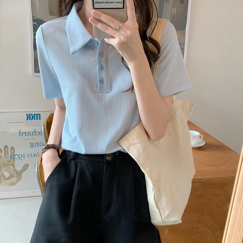

T-Shirts Women Button Ins College Turn-down Collar Solid Basic All-match Trendy Casual Summer Cozy Sweet Soft Fashion Breathable