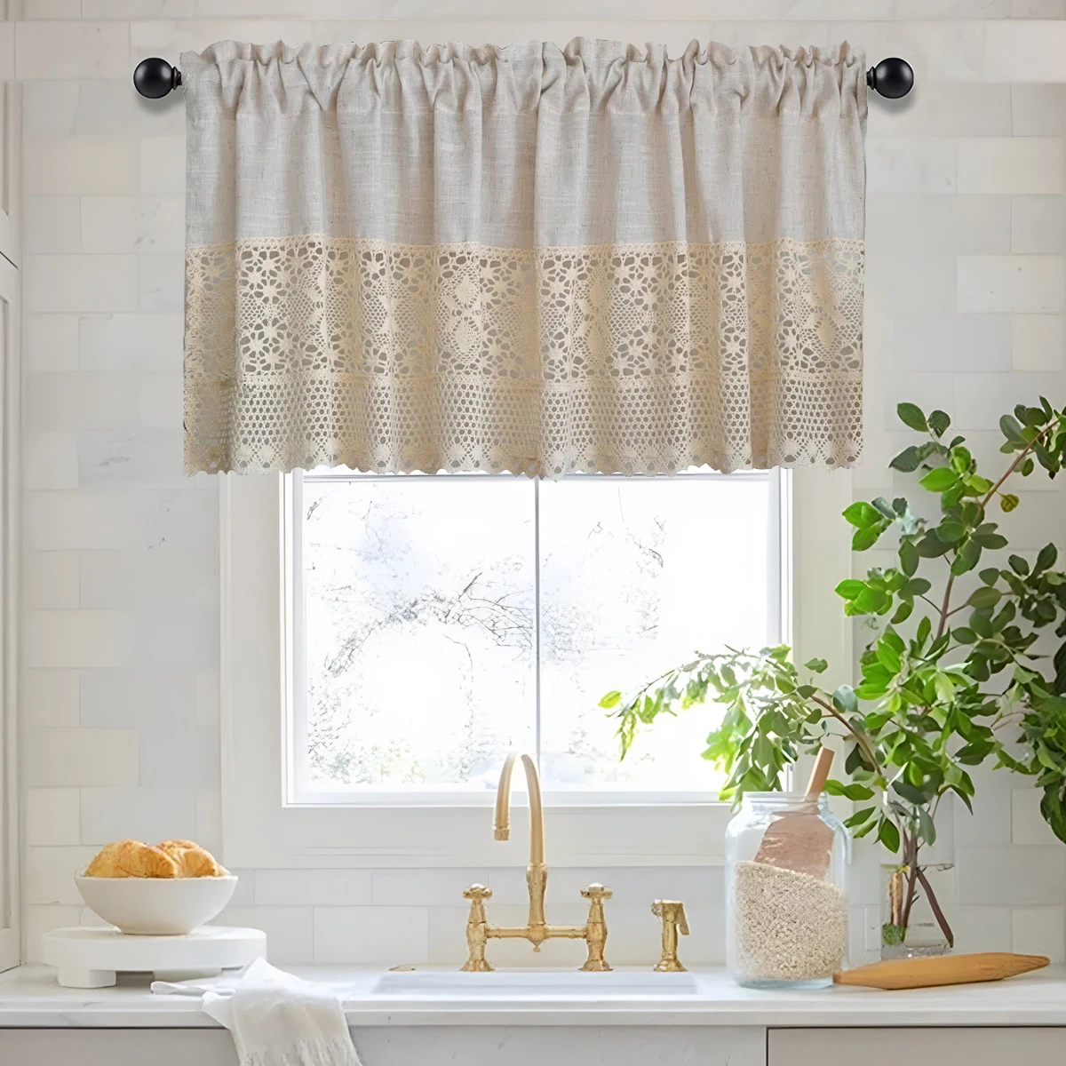 Хлопково-льняная вязаная крючком цветочная полая короткая занавеска для кухни
