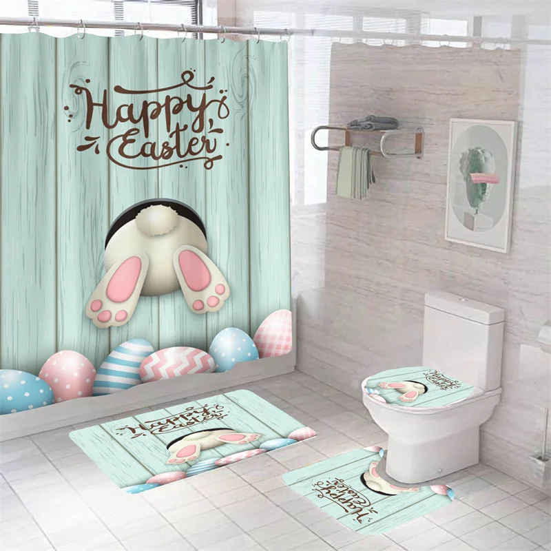 

Cartoon Rabbit Print Bath Curtain Waterproof Mildewproof Happy Easter Bath Mat Set Eco-Friendly Comfortable Polyester Carpets