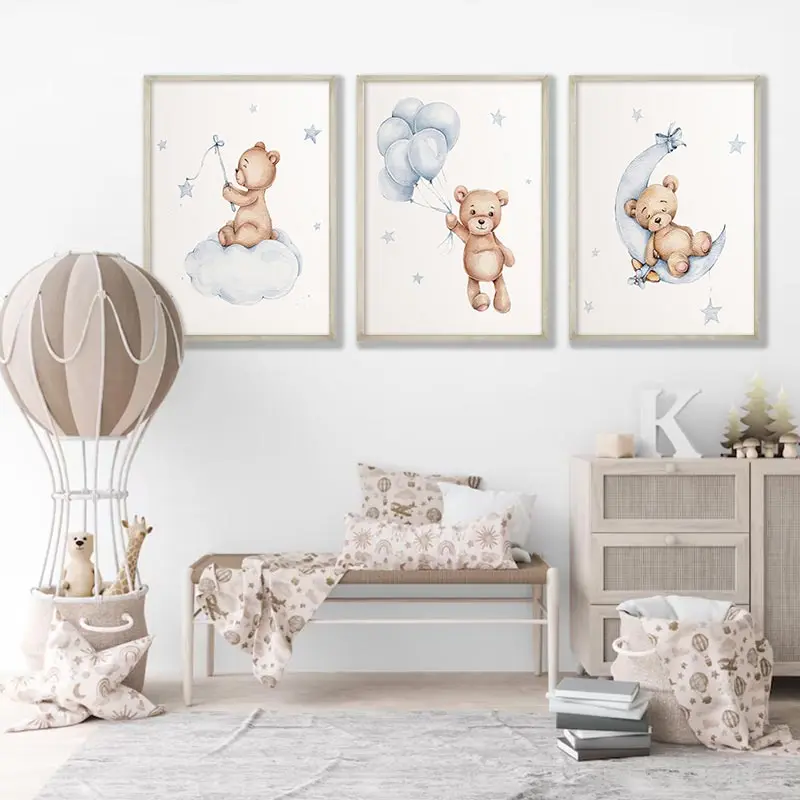 Синий постер с изображением мишки тедди милый воздушный шар украшение для