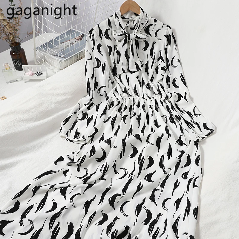 Платье макси Gaganight Fashion для вечеринок с длинными рукавами, стоячим воротником, бантом и элегантным дизайном Chic Korean Bandage Vestidos.