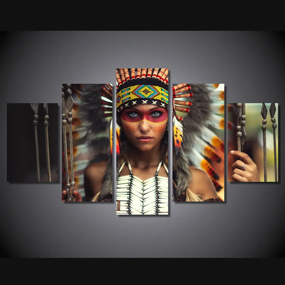 

Головной убор Tribe Warrior Girl, Картина на холсте, настенное искусство, домашний декор, 5 панелей, Постер печатные изображения HD без рамки, декор дл...