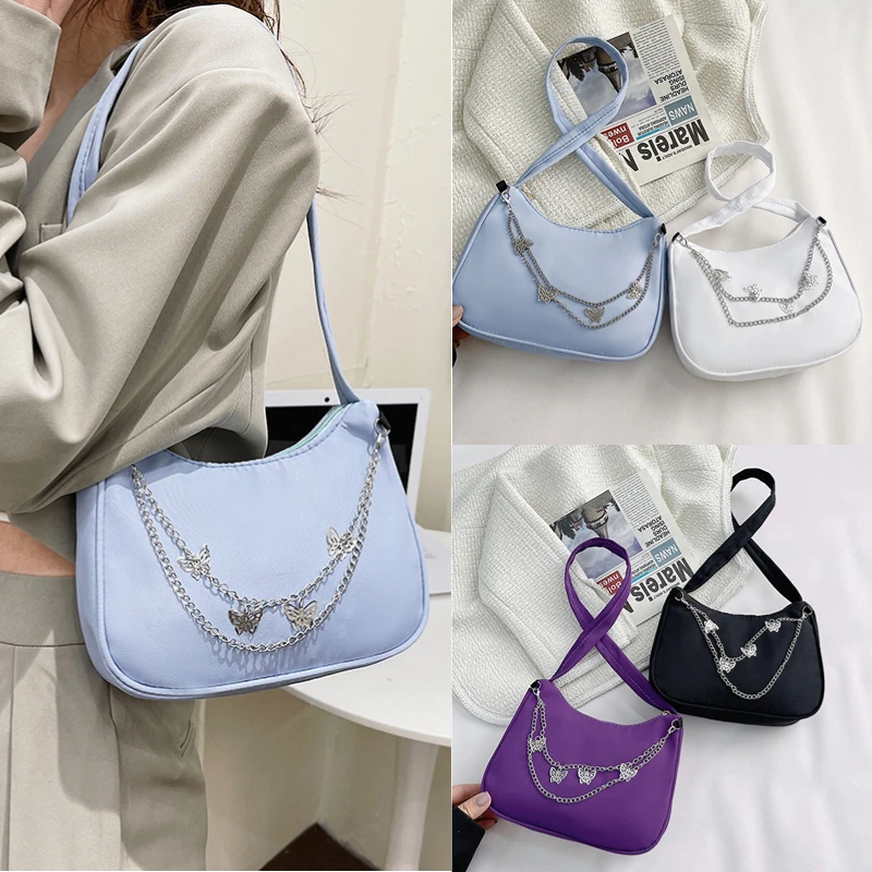 

Fashion Women Butterfly Chain Shoulder Bags Pure Color Nylon Underarm Bags Ladies Small Hobos Handbags Purses Handbags for Women
