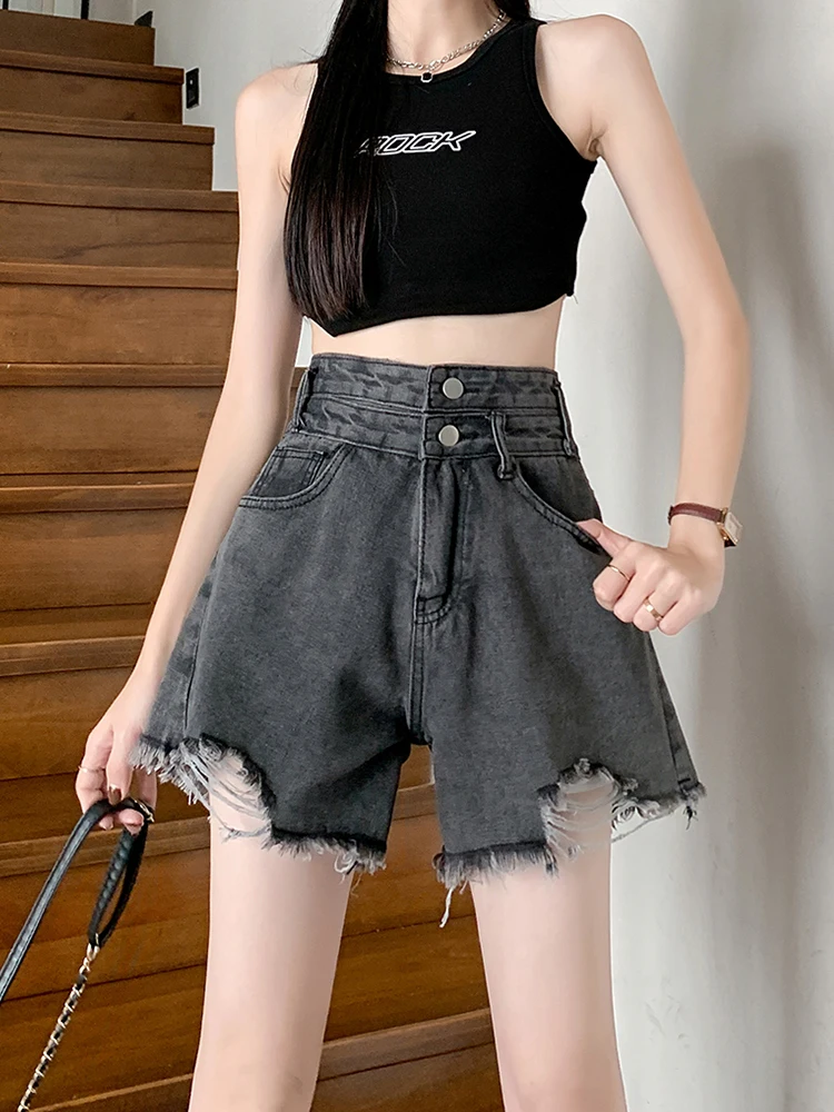 

Ailegogo Spring Summer Women Vintage Frayed Hole Denim Shorts Streetwear Female High Waist Button Wide Leg Jeans Skirts Bottoms